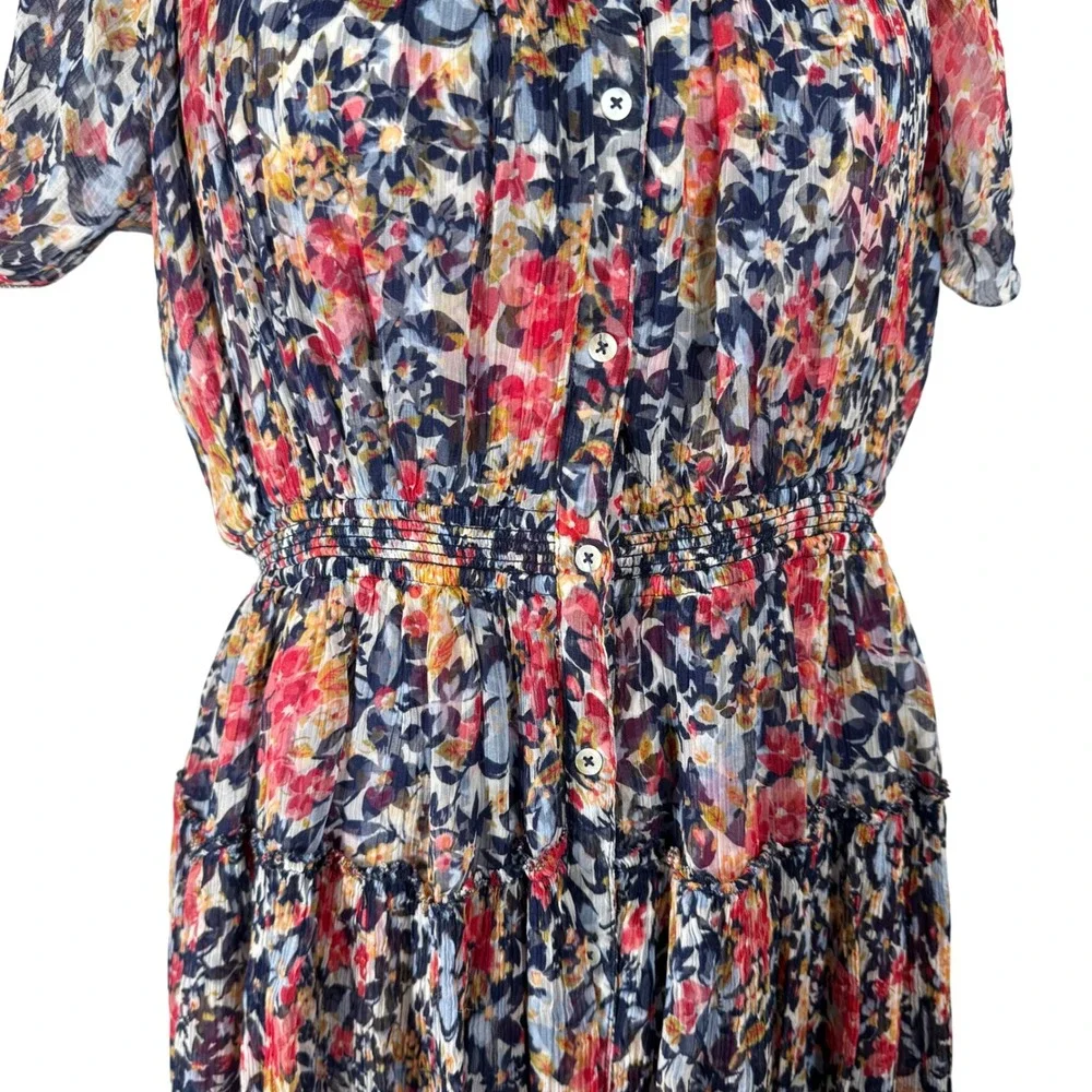 Sundance Floral Cupro Midi Dress Blue Red‎ Smocked Waist Short Sleeve Womens L